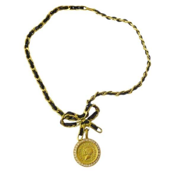 Chanel Gold Black Bow Medallion Rhinestone Pendant Necklace - Picture 1 of 5